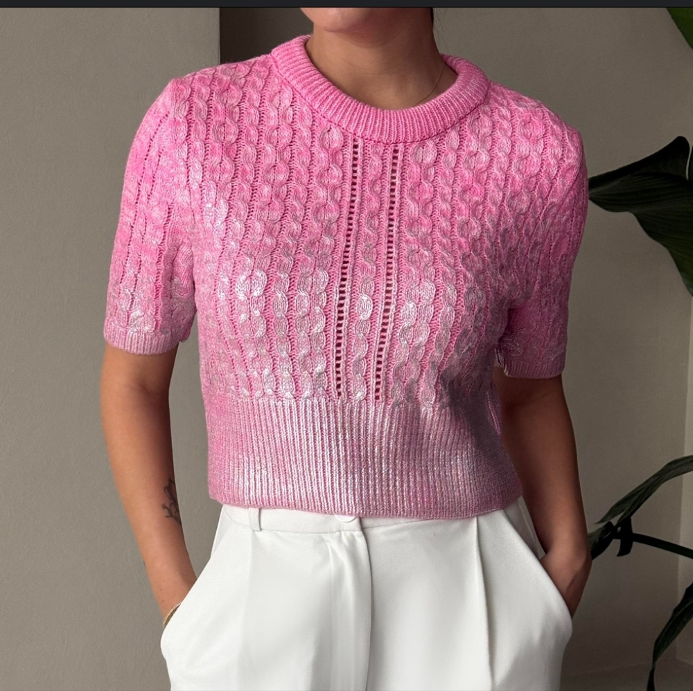 ZARA WOMAN FW23 PINK CABLE KNIT METALLIC SWEATER  SIZES Medium 4331/136